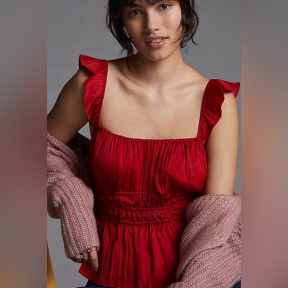 Red Anthropologie Blouse—Ruched, Smocked, Sleeveless with Ruffled Straps…